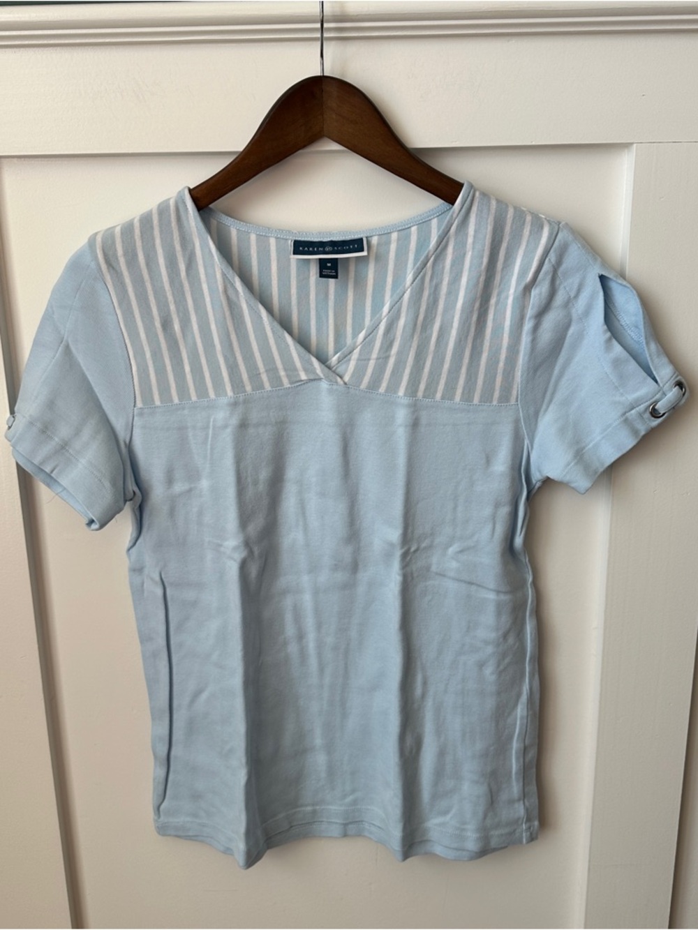 Karen Scott Light Blue V-Neck Short Sleeve Top with Striped Yoke